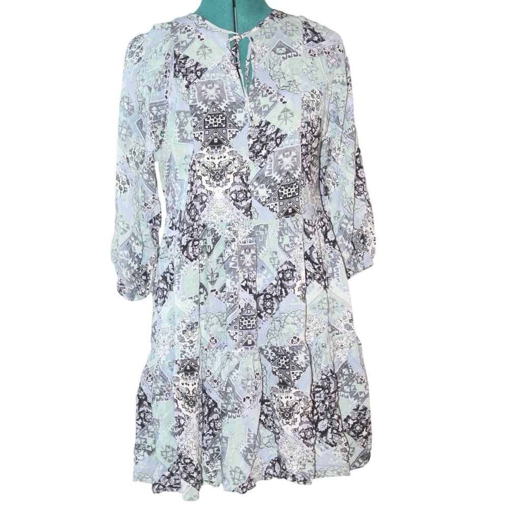 Calvin Klein Blue Patchwork Print Tiered Dress Size 4